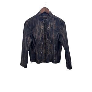 Reba Women's Distressed Brown Jacket With Studded Details & Zip Closure Size S